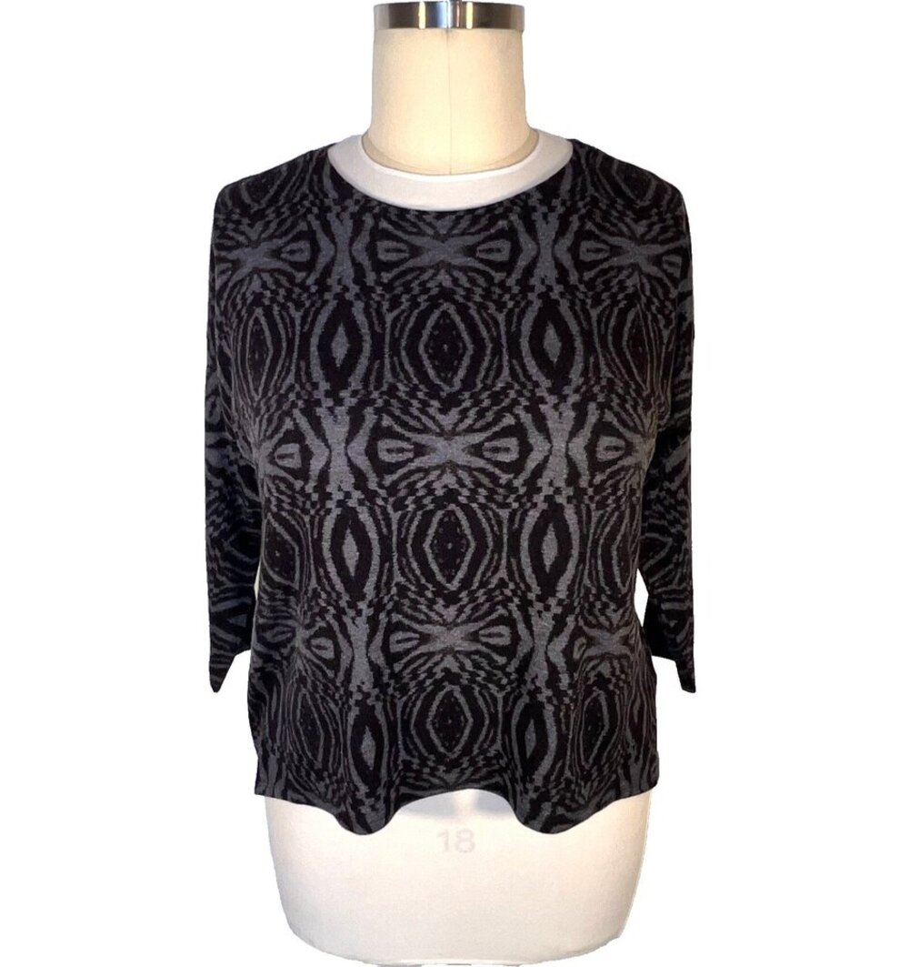 Nally + Millie - Women's Sweater Black Grey Abstract Print Boat Neck 3/4 Sleeve